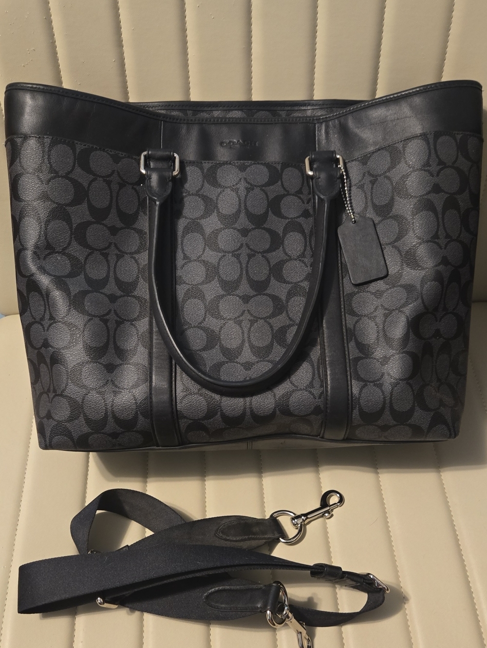 Coach Black and Charcoal Signature Tote with Detachable Strap